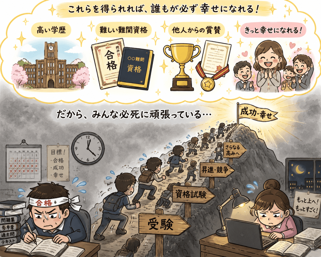 alt="高い学歴や難関資格、他人からの賞賛を得れば幸せになれると信じ、多くの人が高い目標に向かって懸命に努力し続ける社会を表現"