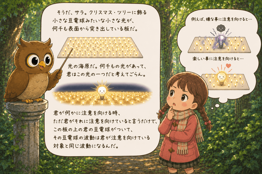 alt="フクロウのソロモンがサラに、無数の豆電球の中の一つを人に例え、注意を向けた対象と同じ波動になり、嫌なことでは暗く、楽しいことでは明るく輝く仕組みを説明するイラスト"