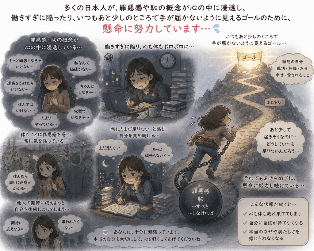 alt="罪悪感や恥の意識によって「もっと頑張らなければ」「休んではいけない」と自分を追い込み、働きすぎや、あと少しで届きそうなゴールを追い続ける人生の仕組みを分かりやすく表現したイラスト"