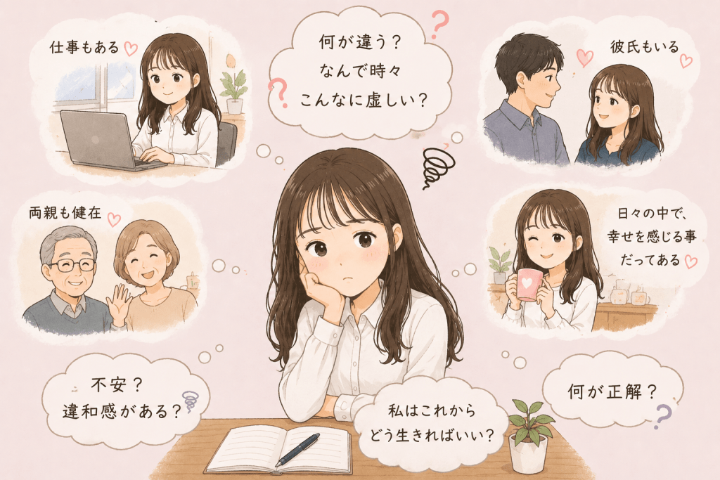 alt="幸せな日常を送りながらも心に虚しさや違和感を抱え、これからの生き方について悩むSayaka.さんのイラスト"