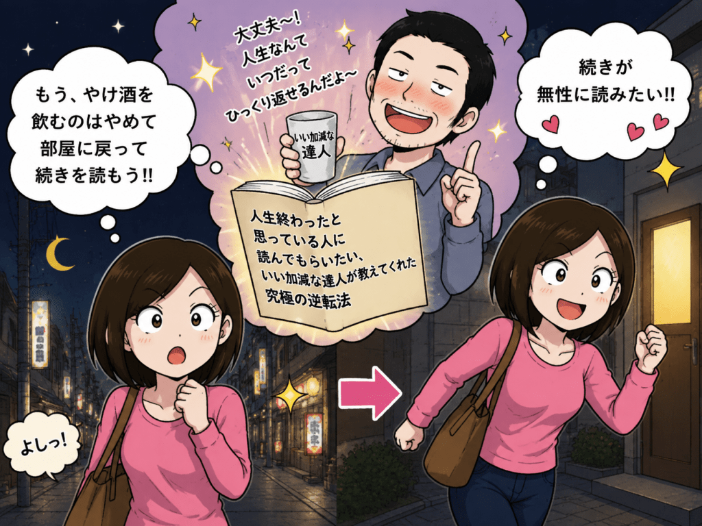 alt="夜の商店街で、ワンカップ片手の酔っ払いの達人が書いた人生逆転法の本を思い出し、続きが読みたくなって急いで部屋に戻る女性のイラスト"
