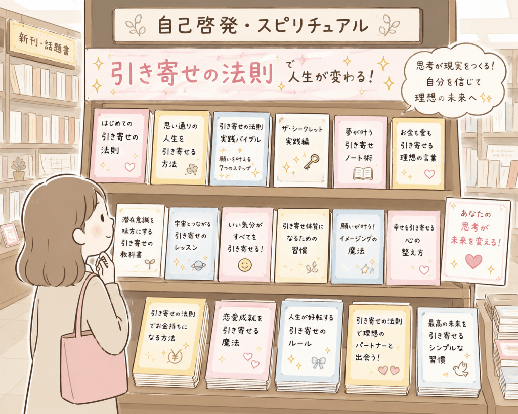 alt="本屋の自己啓発・スピリチュアル本コーナーに並ぶ、たくさんの引き寄せの法則に関する本を眺める女性のイラスト"