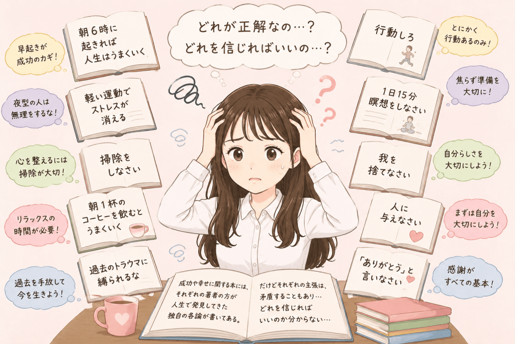 alt="成功や幸せに関する本ごとに異なる主張や矛盾する教えに触れ、どれを信じればいいのか分からず頭を抱えて悩むSayaka.さんのイラスト"