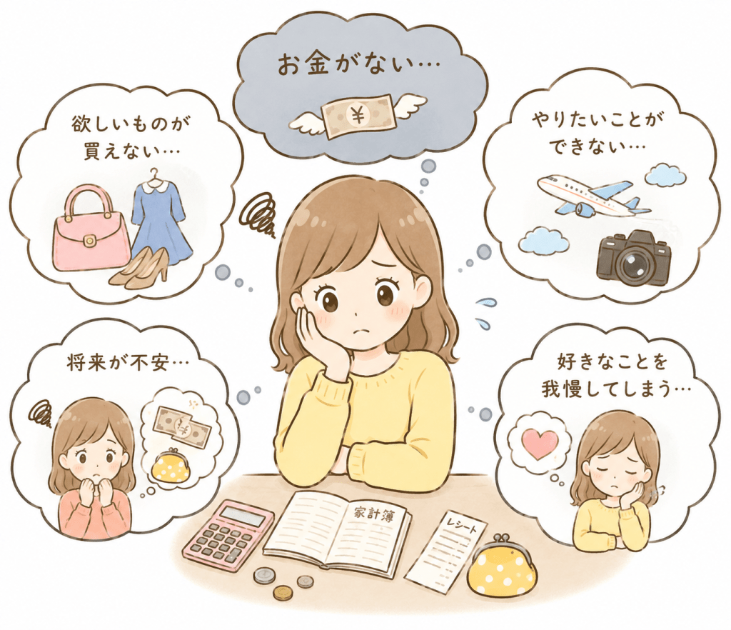 alt="欲しいものが買えない、やりたいことができないなど、お金がない状況ばかりに意識を向けて悩む女性のイラスト"