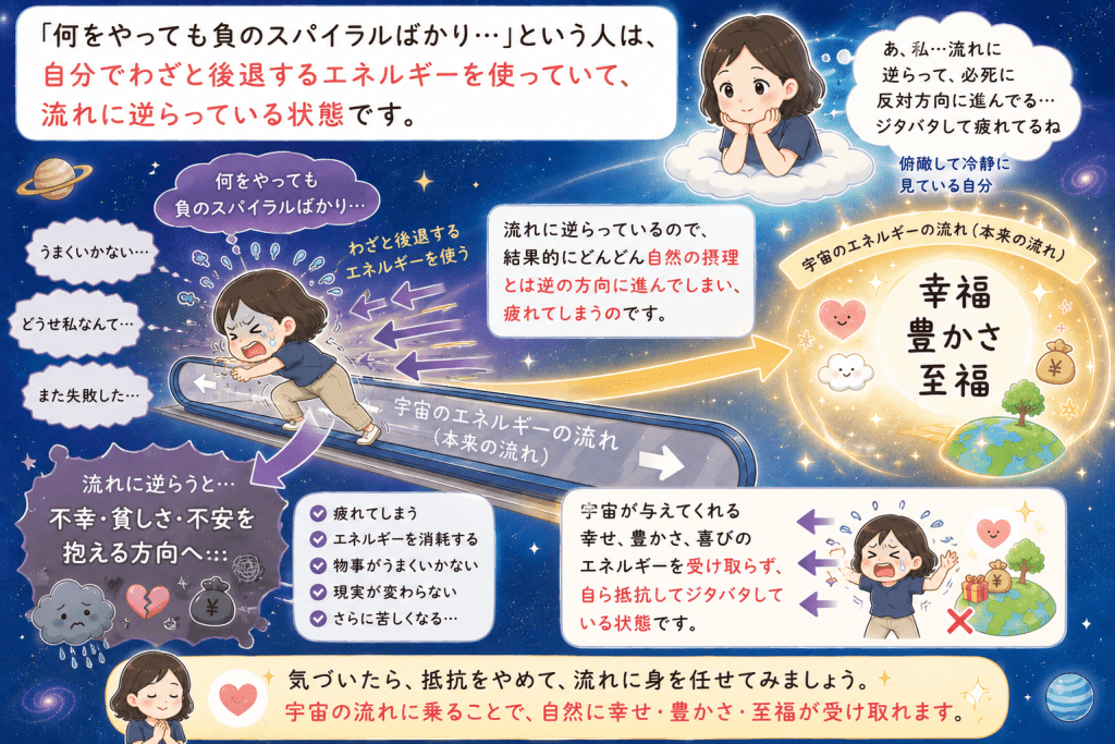 alt="宇宙のエネルギーの流れに逆らって疲れている自分を俯瞰し、幸せや豊かさを受け取れず抵抗している状態に気づく様子を描いたイラスト"