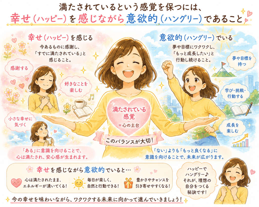 alt="満たされている感覚を保つために、今ある幸せに感謝しながら夢や目標に向かって意欲的に行動する「ハッピー＆ハングリー」の考え方を説明したイラスト"