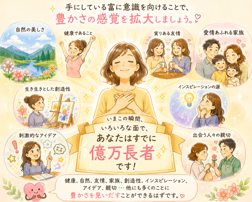 alt="手にしている豊かさに意識を向けることで、健康や家族、友情、創造性など、人生にはすでに多くの豊かさがあることを表現したイラスト"