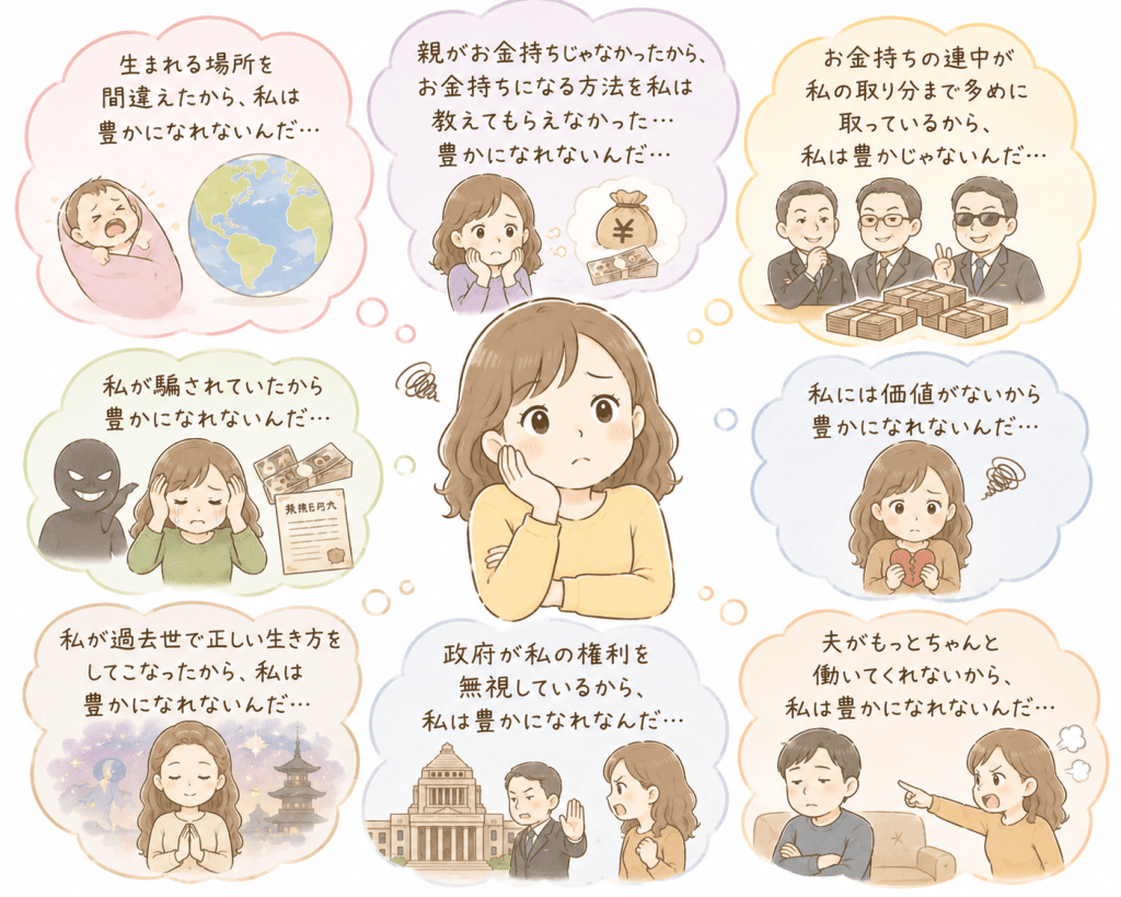 alt="豊かになれない原因を親や環境、他人、社会など自分以外のものの責任にしている思考を表現したシンプルで可愛いイラスト"
