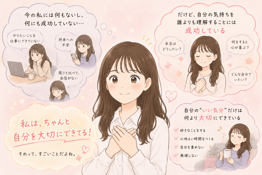 alt="何も成功していないと感じながらも、自分の気持ちを理解し『いい気分』を大切にできていることに気づく女性のイラスト"
