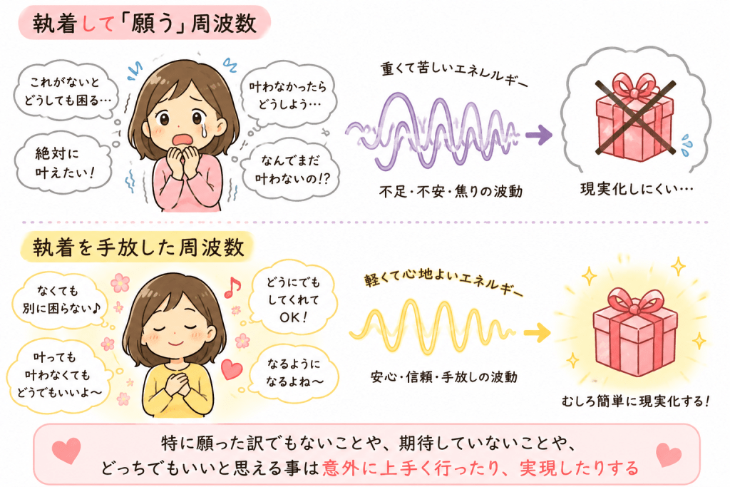 alt="願望への執着と手放しの違いを比較したイラスト。不足や不安から強く願う状態よりも、「どっちでもいい」と安心して手放した状態のほうが、願いが実現しやすいという考え方を表現している"