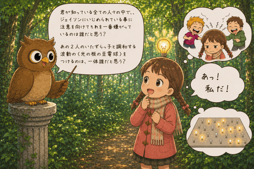 alt="フクロウのソロモンの問いかけを聞いたサラが、いたずらっ子を嫌がって意識を向け続けていた自分こそが、彼らと調和する豆電球をつけていたことに気づいて笑顔になるイラスト"