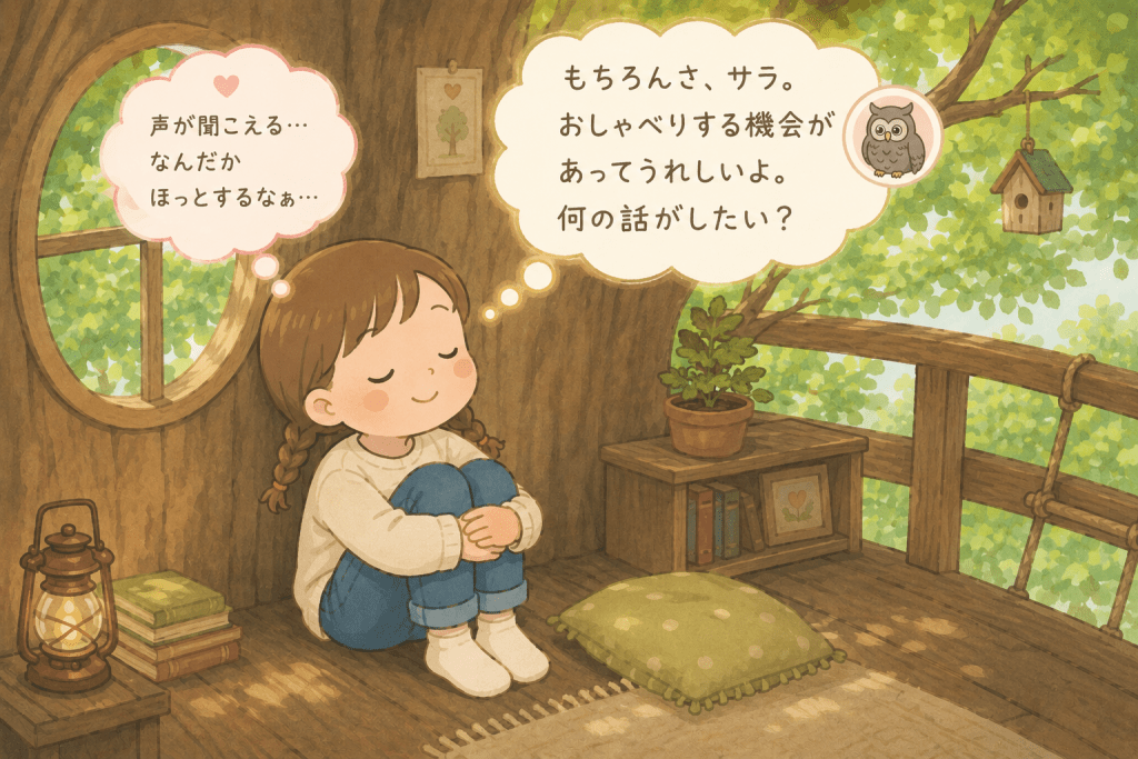 alt="ツリーハウスの床で膝を抱えて目を閉じ、離れた場所にいるフクロウ・ソロモンの声を頭の中で聞きながらリラックスする女の子のイラスト"