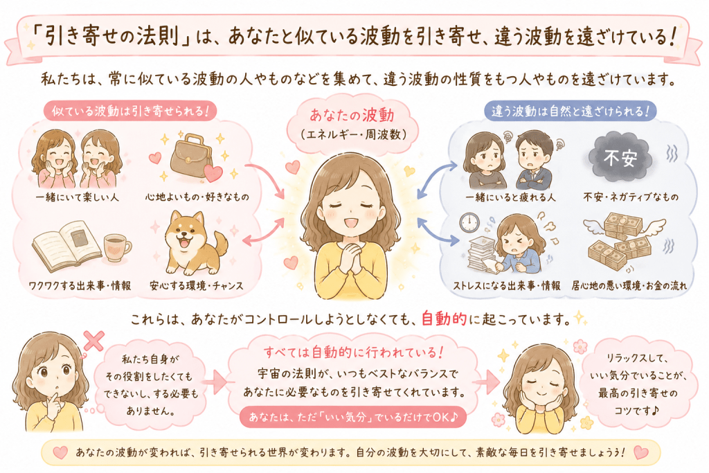 alt="引き寄せの法則が、似た波動の人や出来事、物を自動的に引き寄せ、異なる波動のものを自然に遠ざける仕組みを分かりやすく伝えたシンプルで可愛いイラスト"