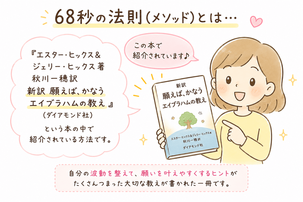 alt="68秒の法則（メソッド）が、エスター・ヒックス＆ジェリー・ヒックス著、秋川一穂訳『新訳 願えば、かなう エイブラハムの教え』（ダイヤモンド社）で紹介されていることを説明したイラスト"