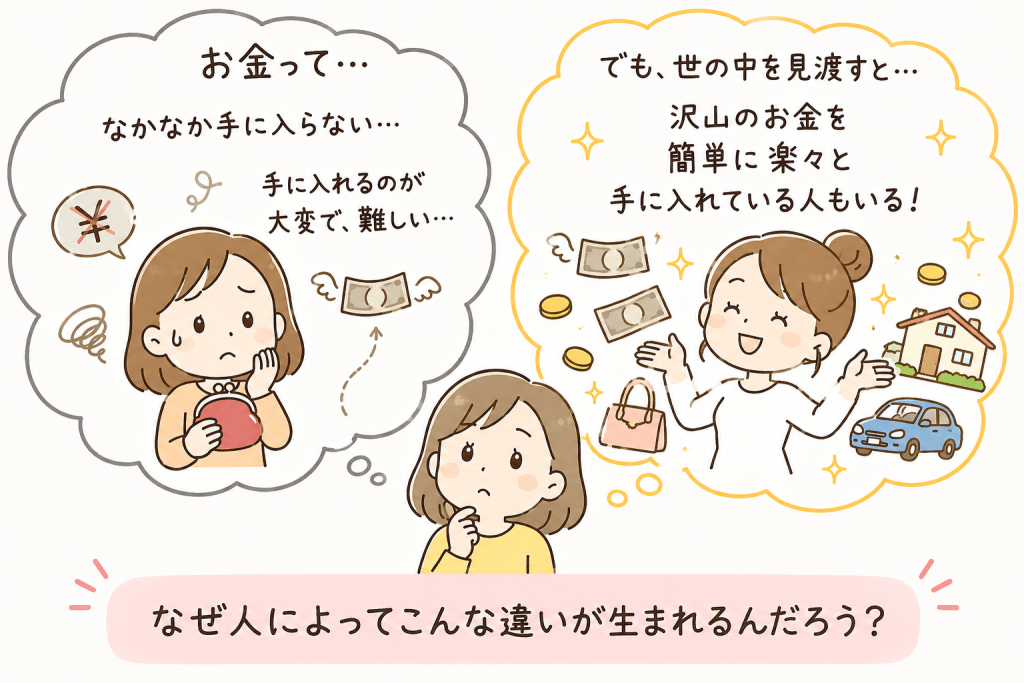 alt="お金は手に入りにくいと思う人と、豊かさを自然に受け取っている人を対比し、なぜ人によってお金の現実が違うのかを表現したシンプルなイラスト"