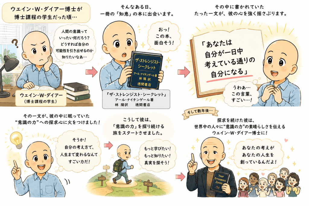 alt="『ザ・ストレンジスト・シークレット』との出会いをきっかけに、意識の力を探究し始めたウエイン・W・ダイアー博士の歩みを描いたイラスト"