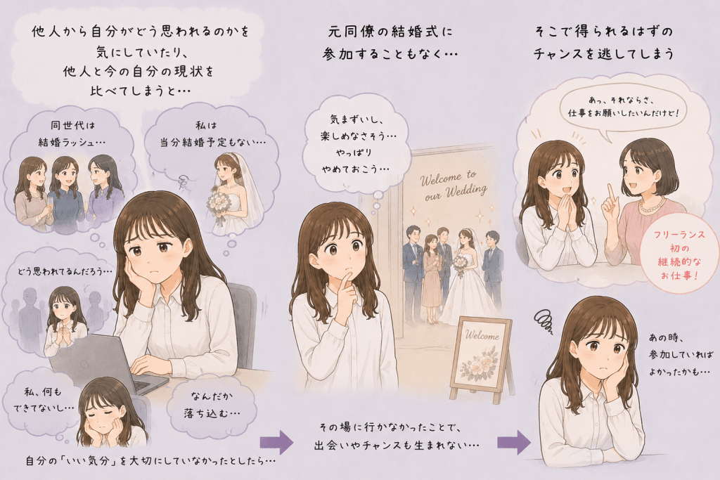 alt="他人と自分を比較して落ち込み、結婚式に参加せずフリーランス初の仕事につながる機会を逃す女性のイラスト"