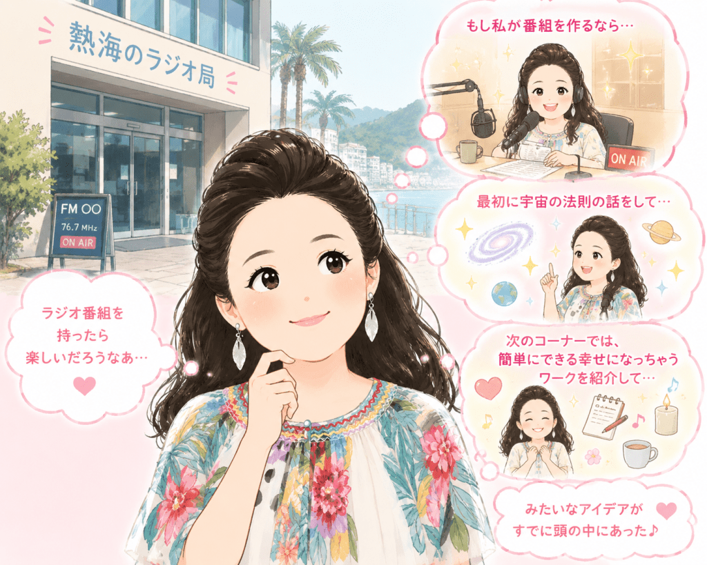 alt="熱海のラジオ局の前を通るたびに「ラジオ番組を持ったら楽しいだろうなあ」と思い、宇宙の法則や幸せになれるワークを紹介する番組のアイデアを頭の中で思い描いていた著者"