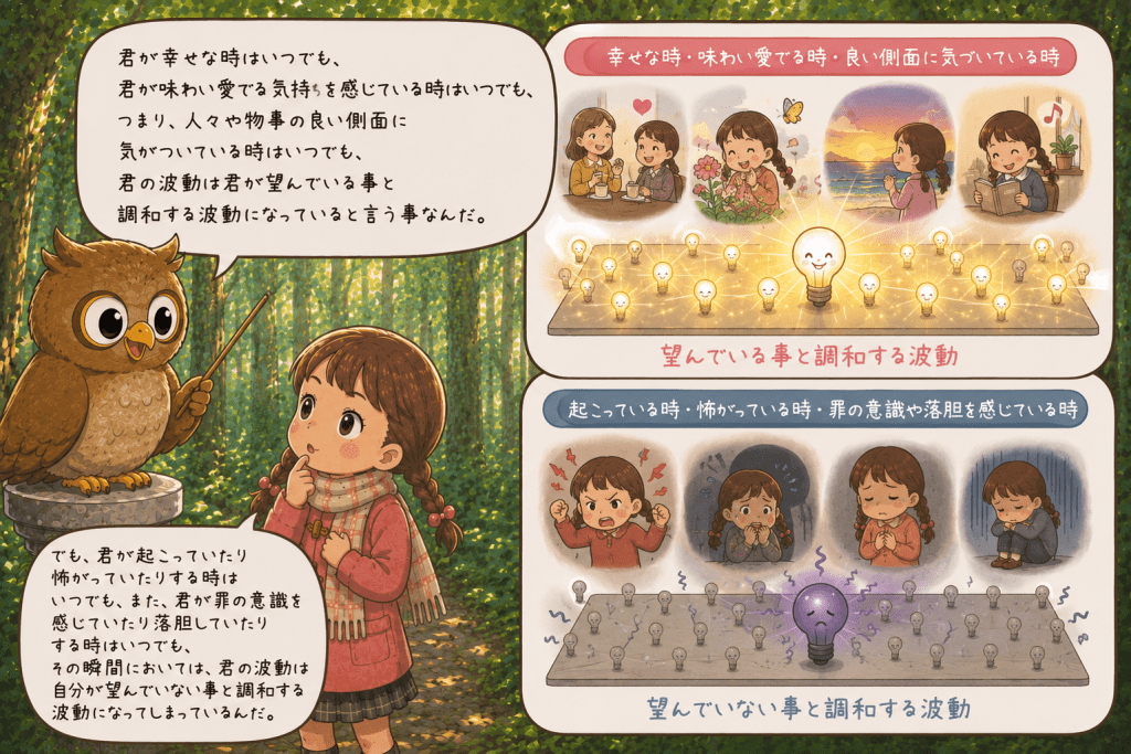 alt="フクロウのソロモンがサラに、幸せや感謝を感じている時は望むことと波動が調和し、怒りや恐れ、罪悪感や落胆を感じている時は望まないことと波動が調和する仕組みを、光る豆電球と消えた豆電球で説明するイラスト"