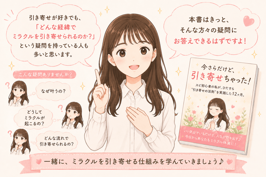 alt="引き寄せが好きでもミラクルが起こる経緯や仕組みに疑問を持つ読者に向けて、著書『今さらだけど、引き寄せちゃった!』ならその疑問に答えられると語りかけるSayaka.さんのイラスト"