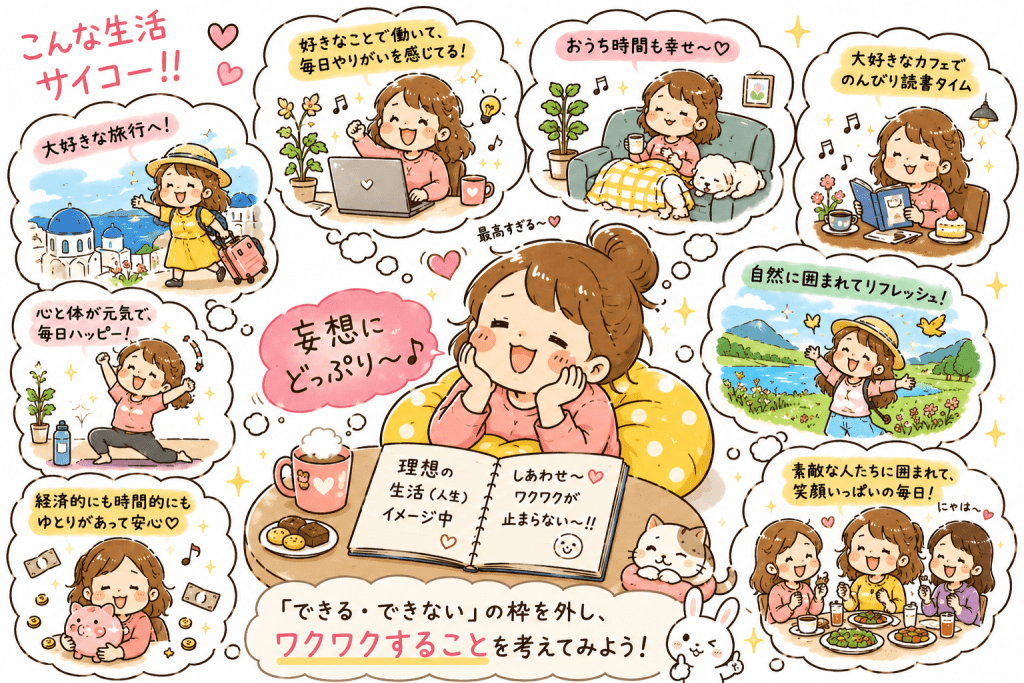alt="「できる・できない」の枠を外し、自分が本当にワクワクする理想の人生や生活を自由に想像しながら、妄想を楽しんでいる人物を描いたシンプルで可愛いイラスト"