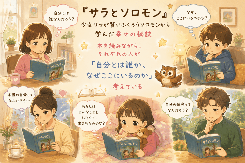 alt="『サラとソロモン』を読みながら、子どもや大人たちがそれぞれ「自分とは誰か」「なぜここにいるのか」「自分の使命とは何か」と人生の意味について考えているイラスト"