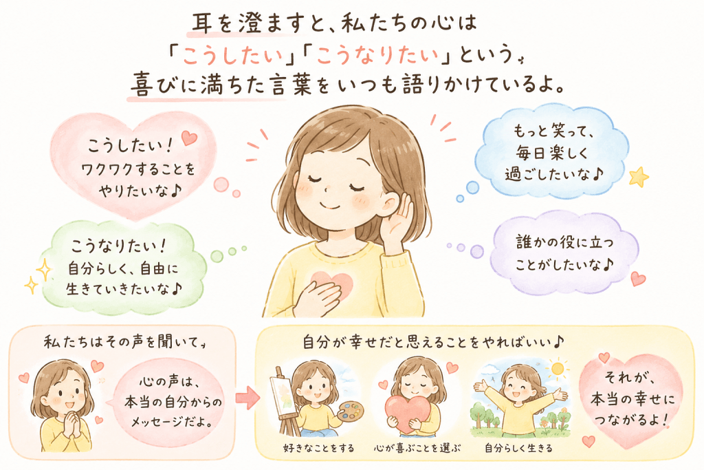 alt="耳を澄まして自分の心の声を聞き、「こうしたい」「こうなりたい」という本当の気持ちに従って、自分が幸せだと思えることを選ぶ大切さを表したシンプルで可愛いイラスト"