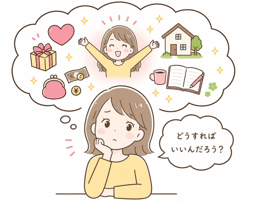 alt="どうすればいいんだろう？」と、願いが自然と叶い、人生がうまくいく方法を考えている女性"