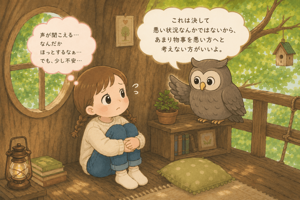 alt="ツリーハウスの中で少し不安そうにフクロウを見つめる女の子に、フクロウが「これは決して悪い状況ではないから、あまり物事を悪い方へ考えない方がいいよ」と優しく語りかけているイラスト"