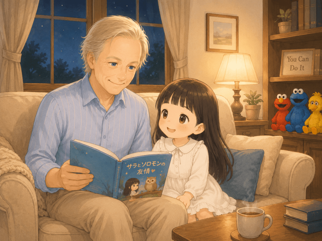 alt="夜のリビングでソファーに並んで座り、アラン・コーエンさんが5歳の女の子「シャネル」に絵本を読み聞かせる、愛情あふれるひとときを描いたイラスト"
