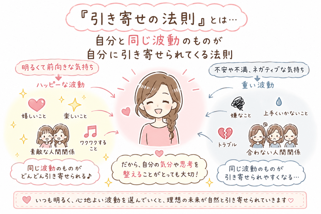 alt="引き寄せの法則とは、自分の気分や思考と同じ波動の出来事や人間関係が引き寄せられてくる法則だと説明するイラスト"