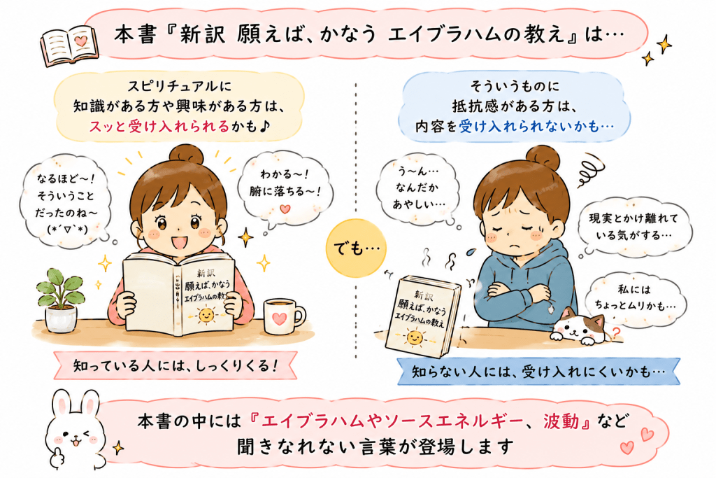 alt="『新訳 願えば、かなう エイブラハムの教え』は、スピリチュアルに興味がある人には受け入れやすい一方、エイブラハムやソースエネルギー、波動など聞き慣れない言葉に抵抗を感じる人もいることを表現したイラスト"