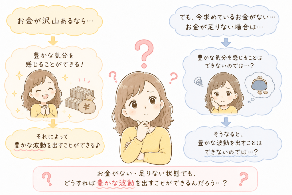 alt="「お金が足りない今でも豊かな波動を出すことはできるのだろうか？」という、多くの人が抱く疑問を分かりやすく表現したシンプルで可愛いイラスト"