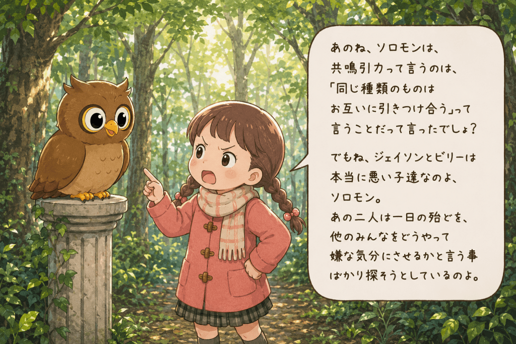 alt="林の中で柱に止まるフクロウのソロモンに、サラが共鳴引力の法則と意地悪なジェイソンとビリーについて怒りながら疑問を投げかけるイラスト"