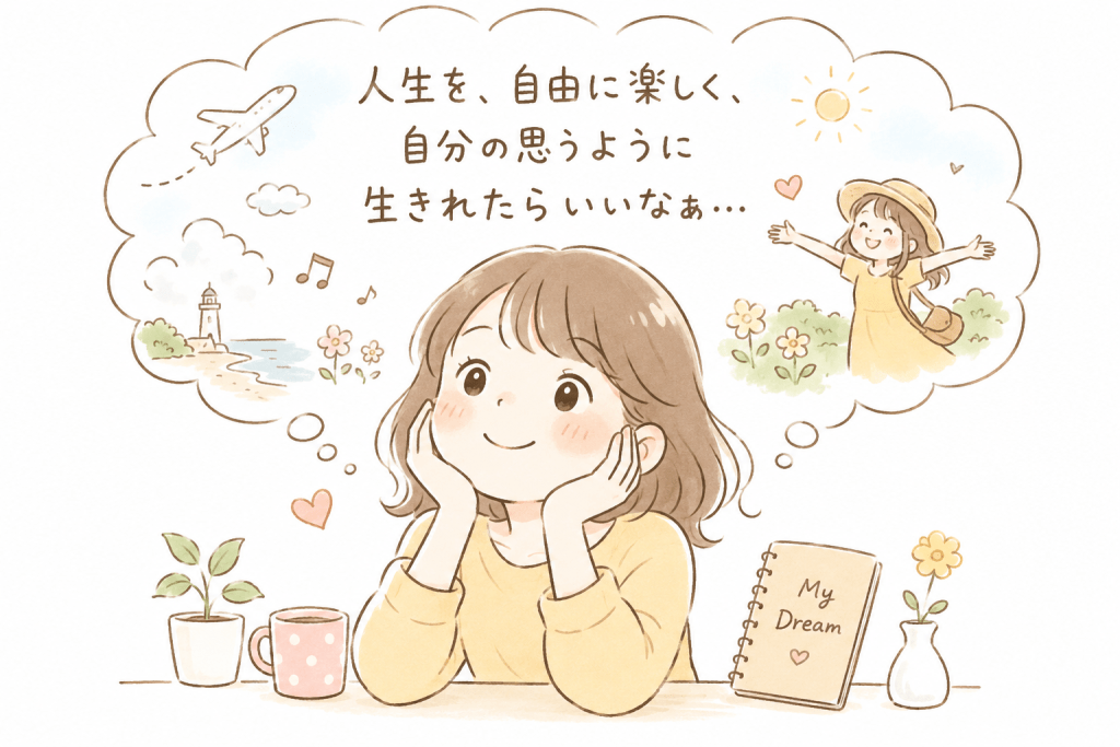 alt="人生を自由に楽しく、自分らしく生きたいと理想の未来を思い描く人物のシンプルで可愛いイラス"