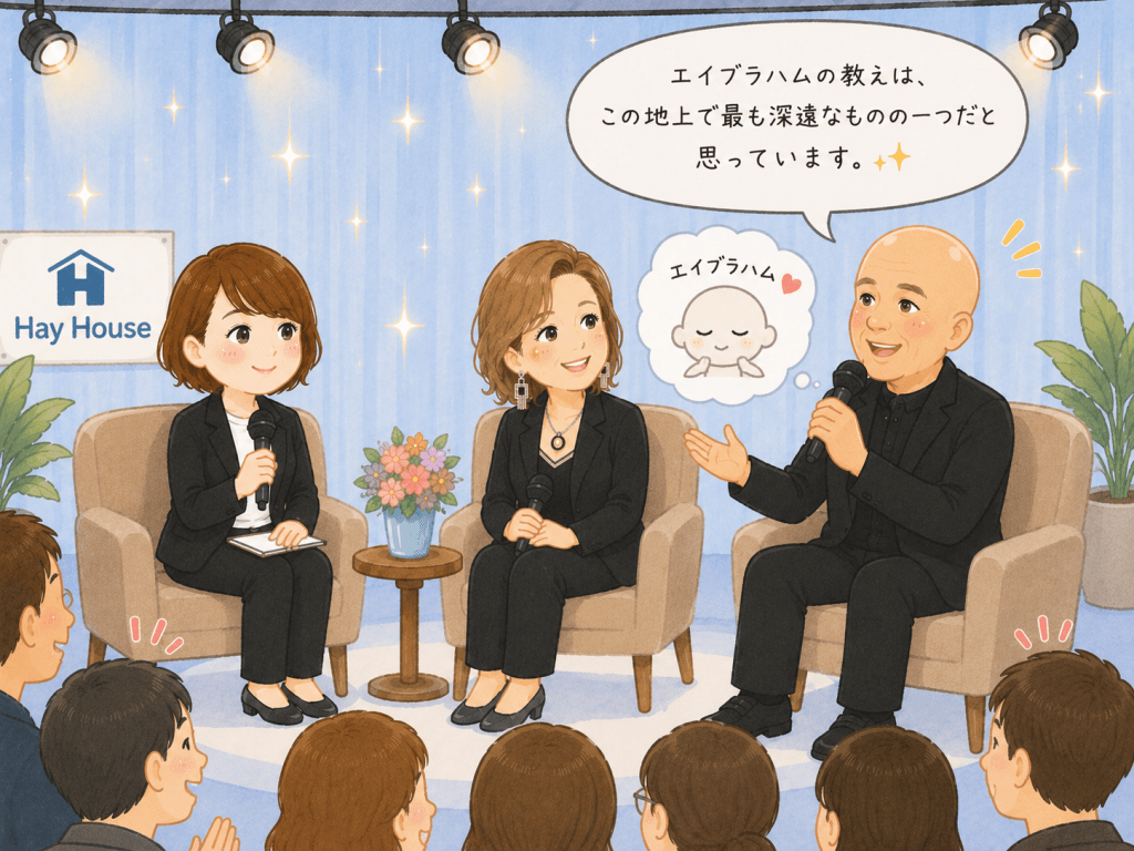  alt="ウエイン・W・ダイアー博士が、エイブラハムの教えは地上で最も深遠な教えの一つだと語る様子を描いた可愛いイラスト"