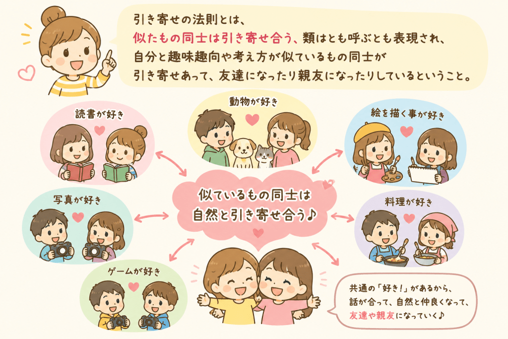 alt="読書や動物、絵、写真、料理、ゲームなど共通の趣味や好みを持つ人同士が自然と引き寄せ合い、友達や親友になる引き寄せの法則を説明したイラスト"