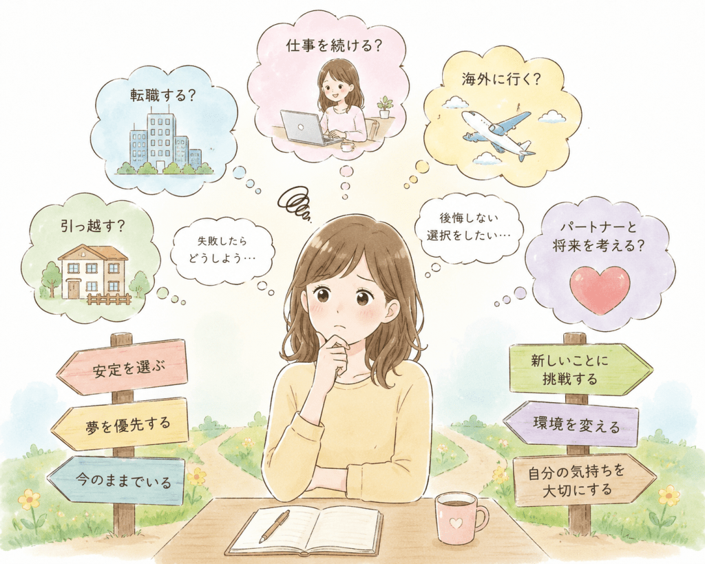 alt="人生の大切な選択を前に、仕事や引っ越し、将来の夢などさまざまな選択肢を思い浮かべながら、自分にとって本当に正しい決断について悩み考え込む人物のイラスト"
