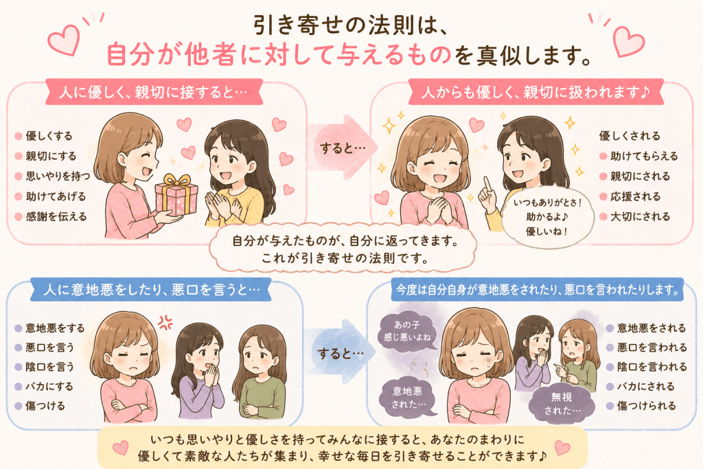 alt="人に優しく親切に接すると自分も優しく扱われ、意地悪や悪口を与えると自分にも同じように返ってくるという引き寄せの法則を説明するシンプルで可愛いイラスト"