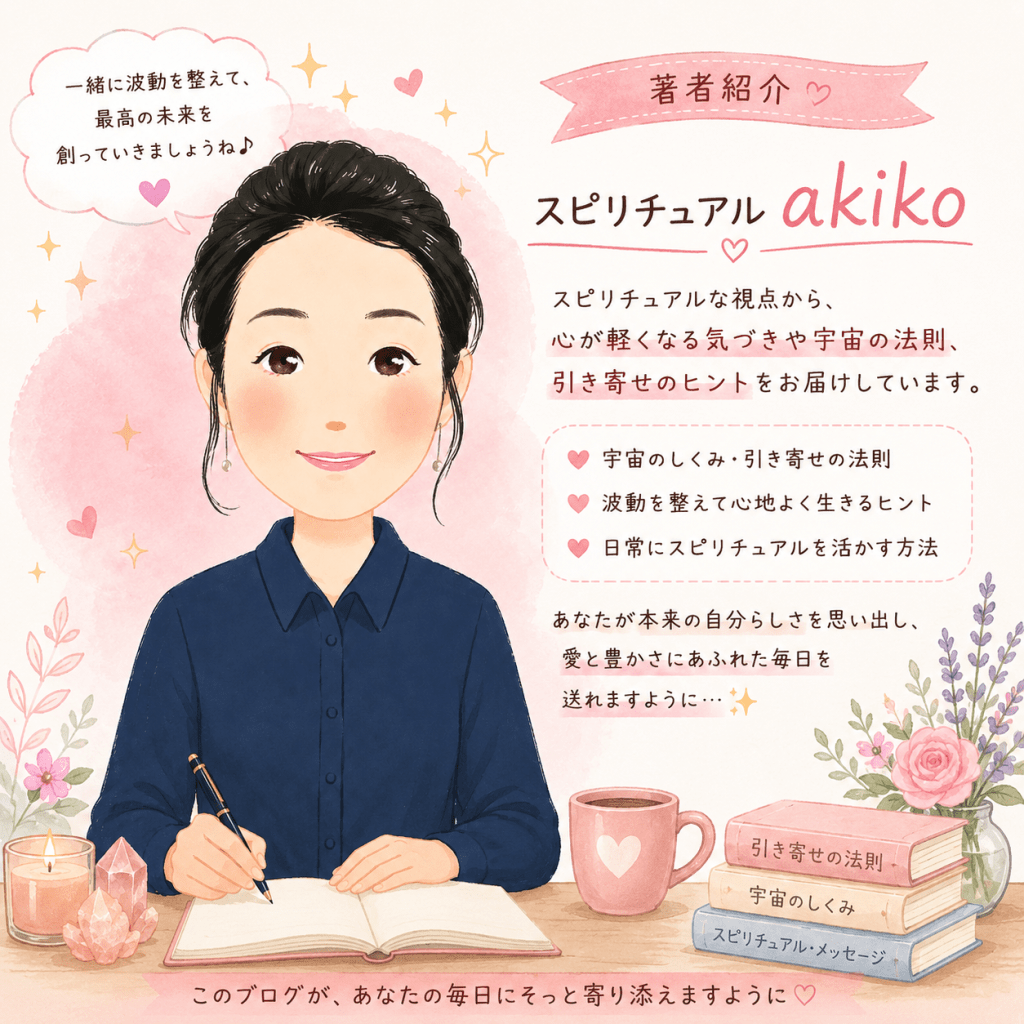 alt="スピリチュアルakikoさんの著者紹介イラスト。宇宙の法則や引き寄せの法則、波動を整えるヒントなどを発信し、本来の自分らしく豊かな人生を送るための気づきを届けていることを紹介している"