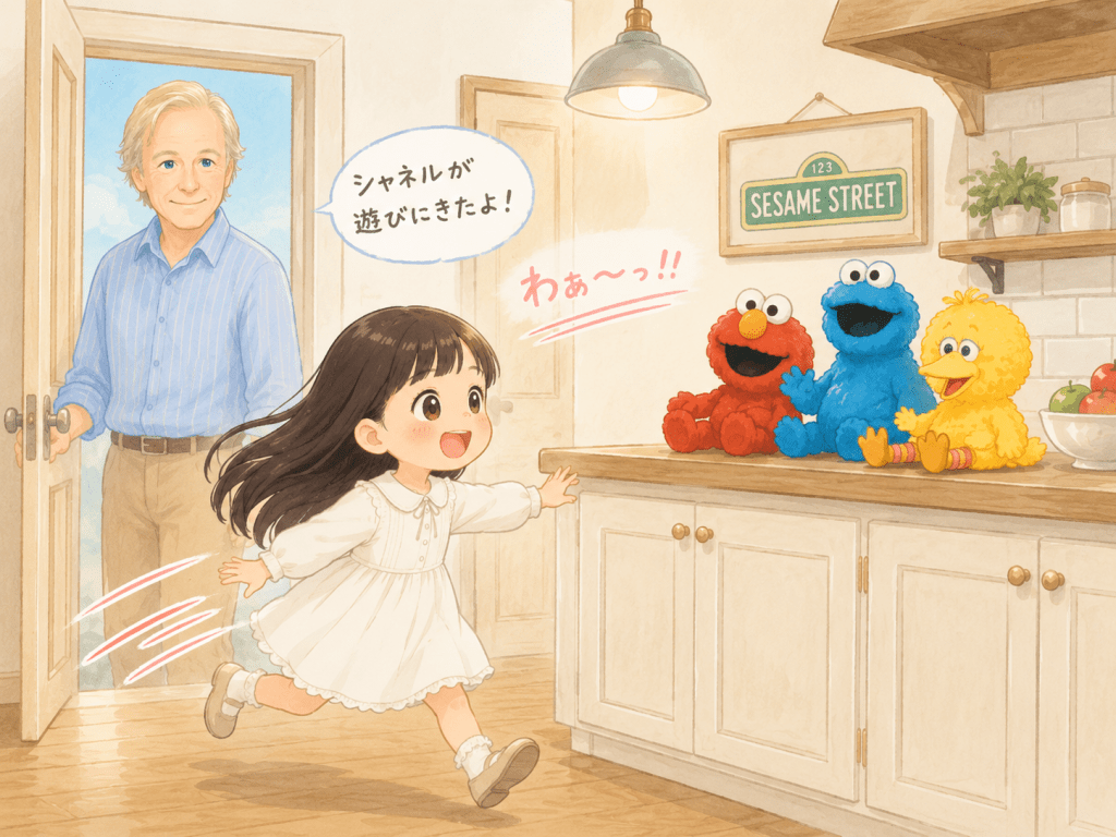alt="アラン・コーエンさんの家を訪れたシャネルが、玄関から入るなり他には目もくれず、台所に置かれたセサミストリートの人形へ一目散に駆け寄る様子を描いたイラスト"