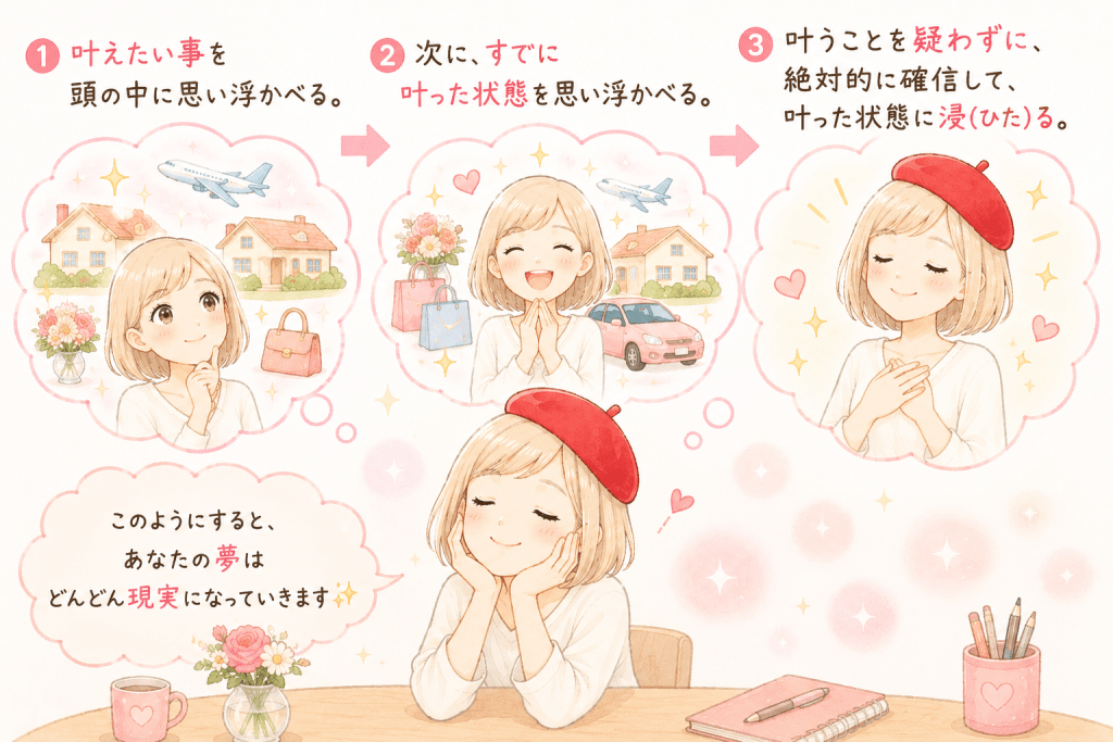 alt="夢を叶えるイメージング方法を解説したイラスト。叶えたいことを思い描き、すでに実現した状態を鮮明にイメージし、疑うことなくその喜びに浸ることで、願いが現実へと近づいていく考え方をわかりやすく表現"