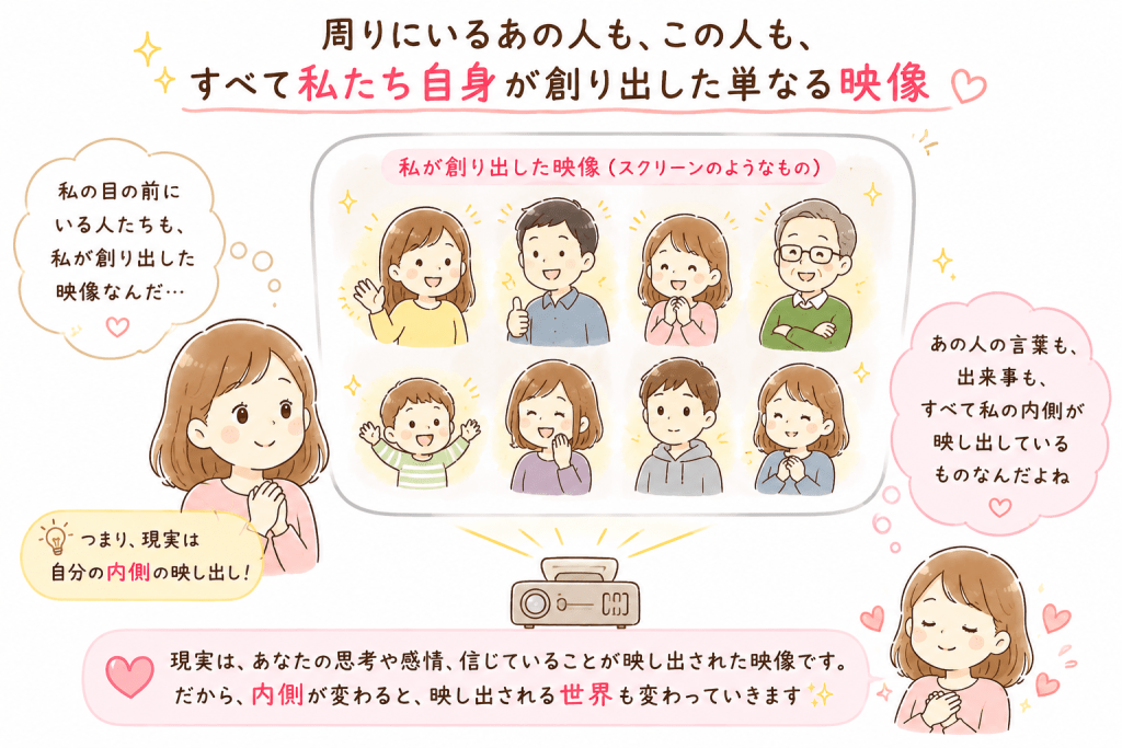 alt="現実や周囲の人は自分の内側の思考や感情が映し出された映像であり、自分が変わることで見える世界も変わることをわかりやすく説明したイラスト"