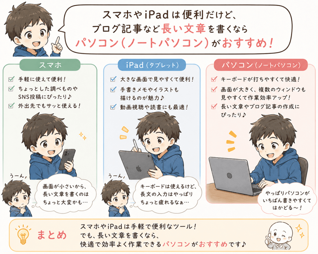 alt="スマホ・iPad・ノートパソコンの特徴を比較し、ブログ記事などの長い文章を書く場合はキーボードで快適に作業できるノートパソコンがおすすめだと説明するイラスト"