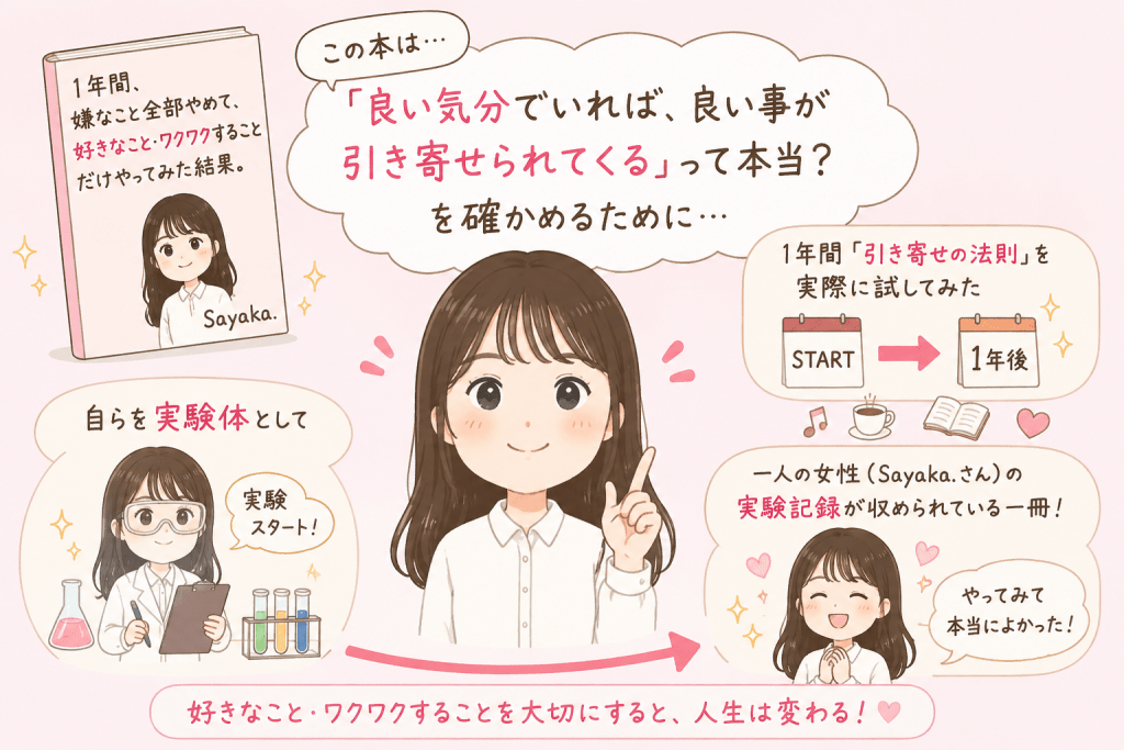 alt="『1年間、嫌なこと全部やめて、好きなこと・ワクワクすることだけやってみた結果。』は、著者が1年間「引き寄せの法則」を自ら実践し、その結果を記録した実験レポートであることを紹介するイラスト"