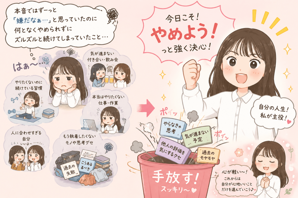 alt="本音では嫌だったことを手放し、「もうやめよう!」と決意して人生を前向きに変えようとする女性のイラスト"