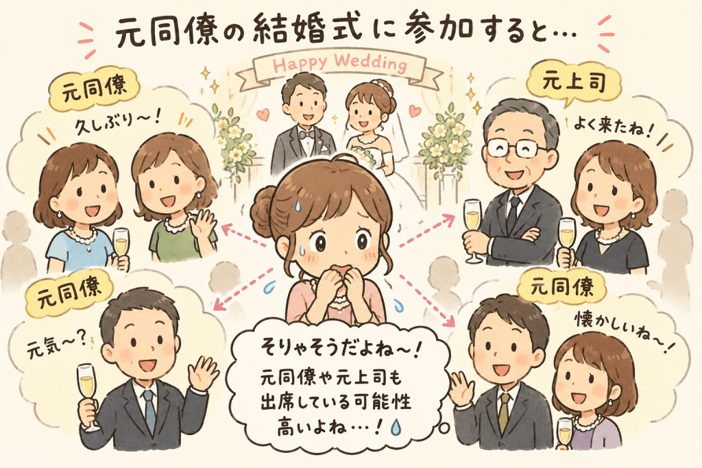 alt="前の会社の元同僚の結婚式に参加すると、元同僚や元上司とも再会する可能性があることを表現したイラスト"