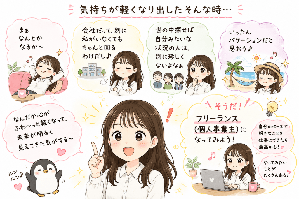 alt="「会社を辞めて気持ちが軽くなり、『なんとかなる』『バケーションだと思おう』と前向きに考えた結果、フリーランス(個人事業主)という新しい働き方を決意する女性のイラスト。」"