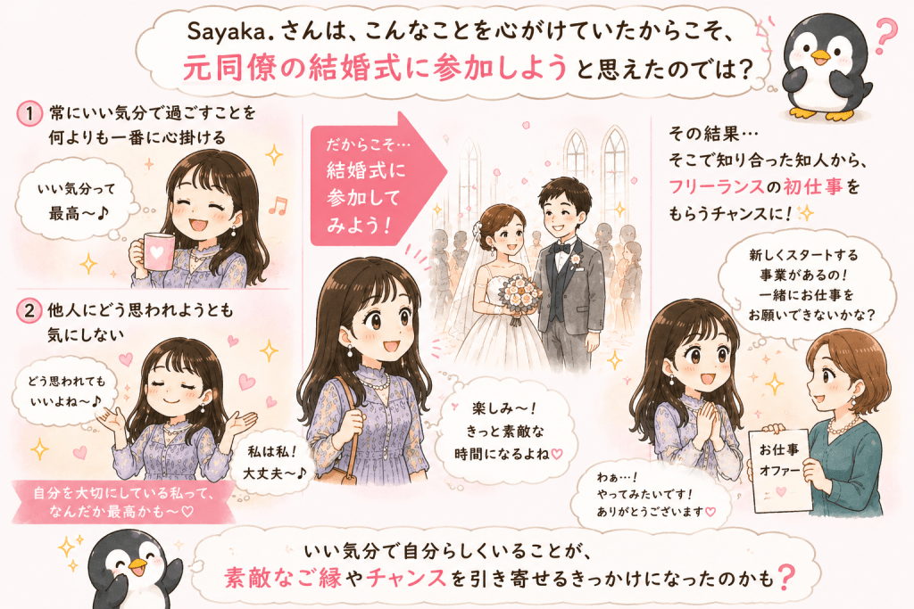 alt="「いい気分で過ごすこと」と「他人の目を気にしないこと」を大切にしたことで、元同僚の結婚式に参加し、そこでフリーランスとして初めての仕事につながる出会いを得た可能性を表現したイラスト"