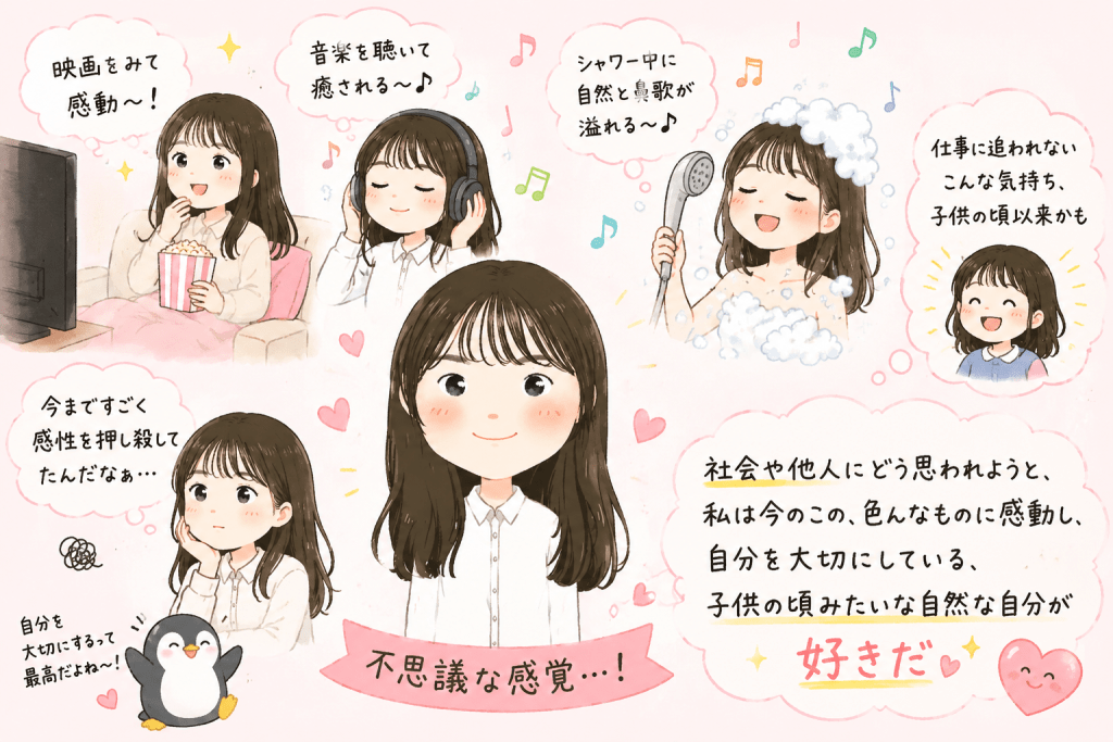 alt="映画や音楽に感動し、シャワーで自然と鼻歌を歌うなど感性を取り戻した女性が、『子どもの頃のような自然な自分が好き』と気づく様子を描いたイラスト"